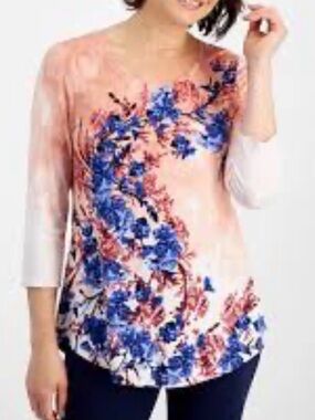 JM Collection Peach Tunic with Blue Floral Print Size 2X